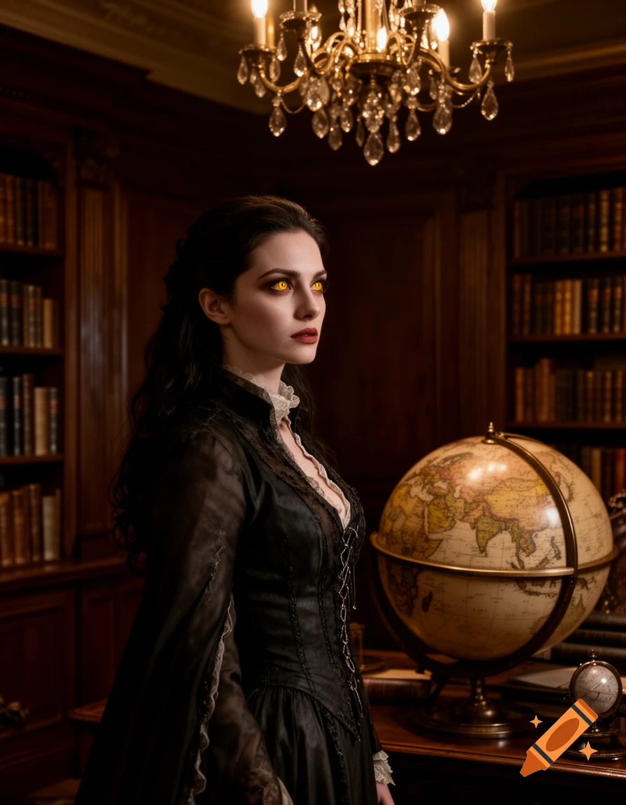 Photorealistic portrait of a dark-haired vampire woman with yellow eyes, wearing a black historical dress, in a dimly lit library.