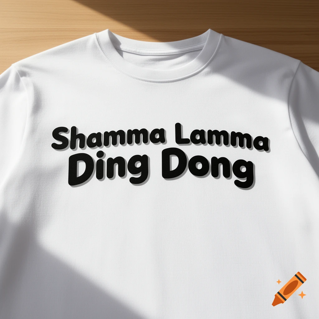 A white t-shirt featuring the black text 'Shamma Lamma Ding Dong' in a bold, rounded font, lying flat on a wooden surface.