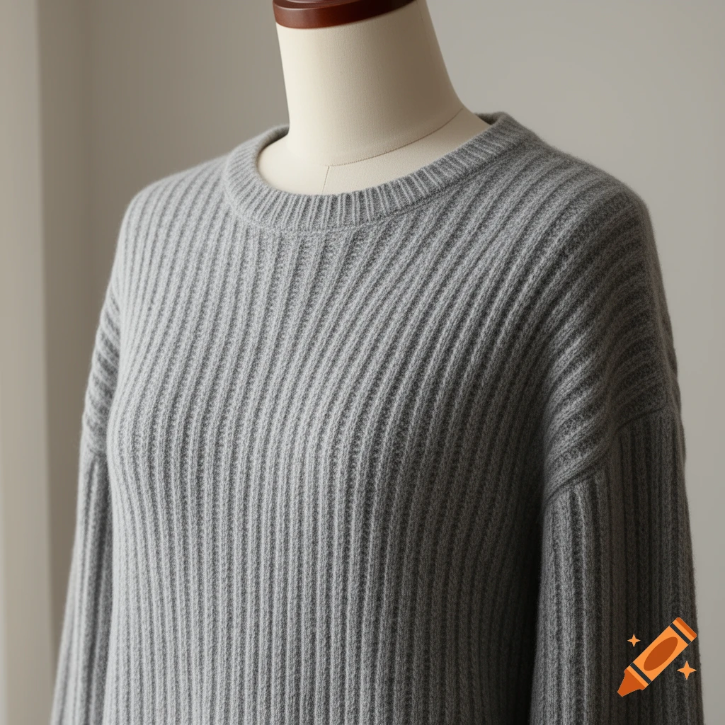 Close-up of a grey ribbed knit pullover jumper on a mannequin, showing texture.