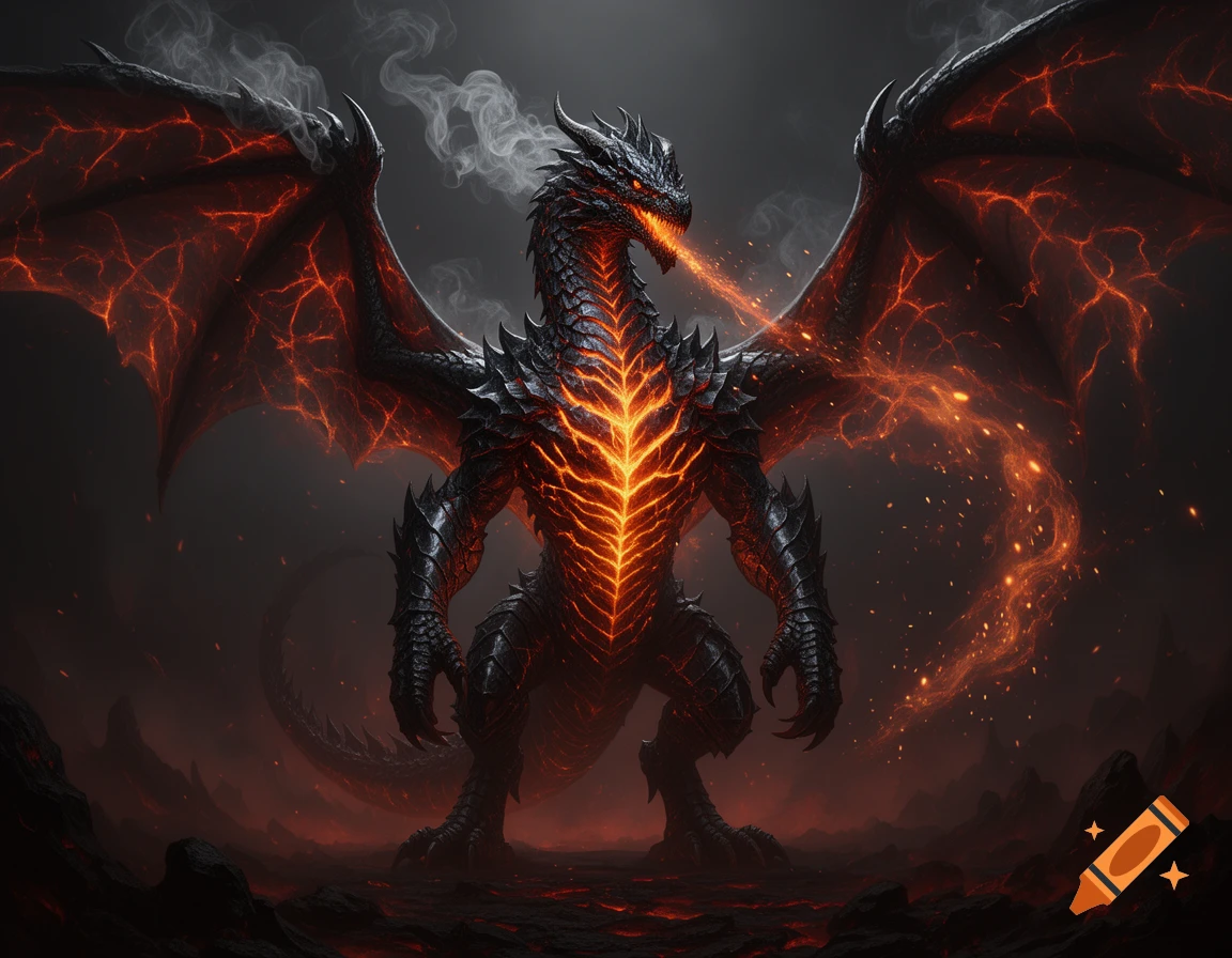 A massive, obsidian-scaled dragon with glowing orange cracks on its chest and wings, breathing fire in a dark, molten landscape.