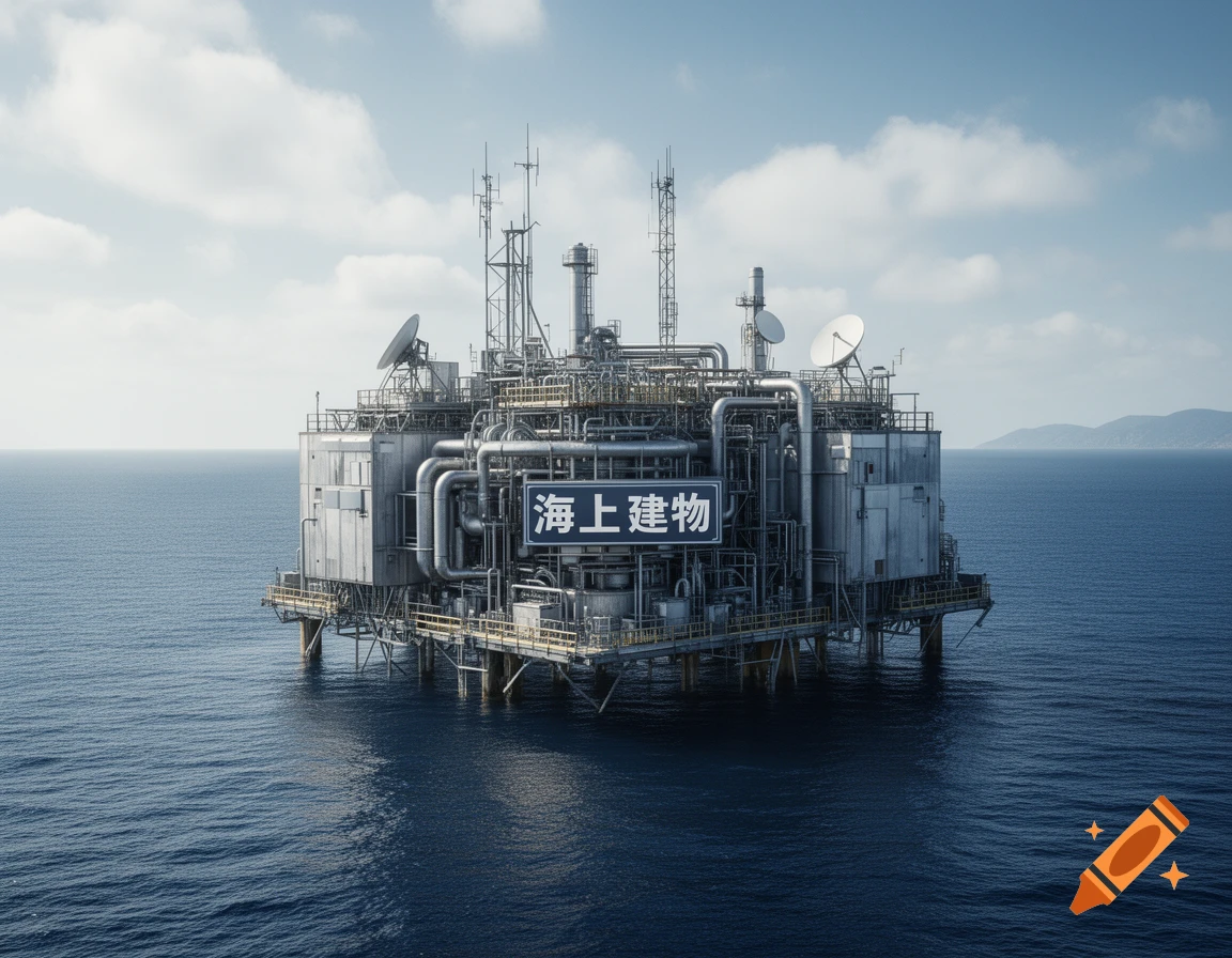 Photorealistic image of a large, intricate offshore industrial platform with pipes and antennas, standing in a calm blue ocean under a partly cloudy sky.