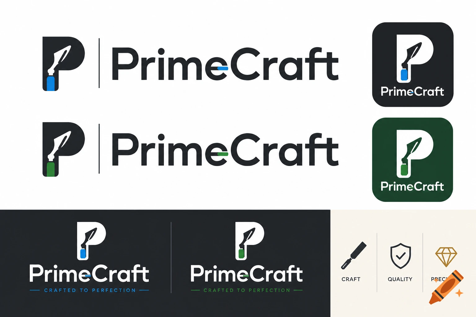 Multiple variations of the 'PrimeCraft' logo and related icons. The logo features a stylized 'P' with a chisel-like element, alongside the wordmark 'PrimeCraft' with either a blue or green accent in the 'e'. Also includes icons for craft, quality, and precision.