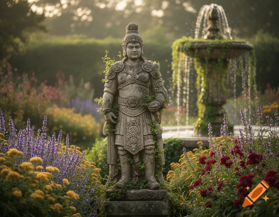A photorealistic image of an ornate stone statue amidst a vibrant garden with colorful flowers and a moss-covered fountain in the background.
