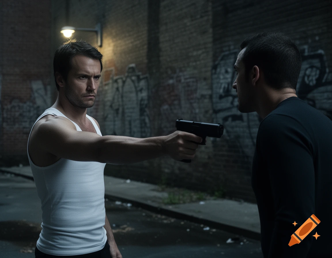 A man in a white tank top points a handgun at another man in a dimly lit alleyway, photorealistic.