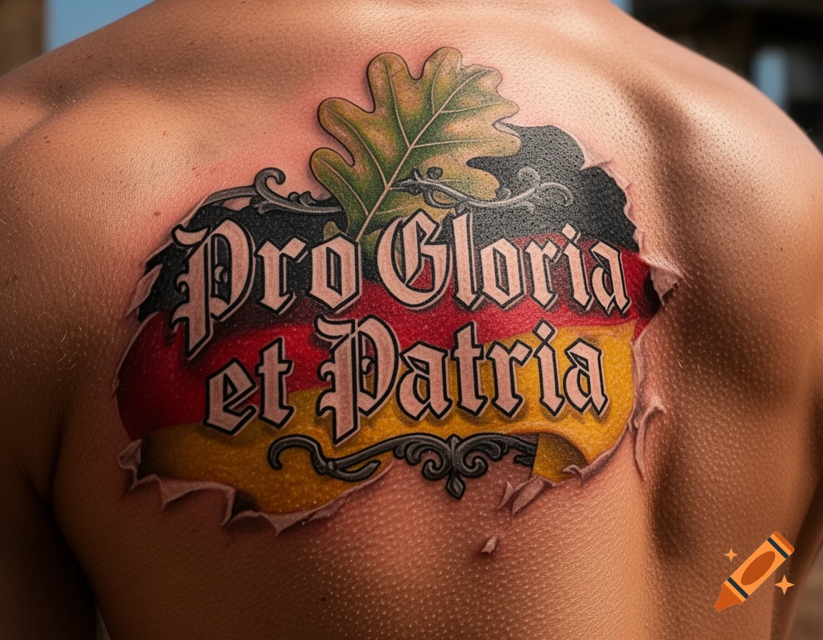 Photorealistic image of a tattoo on a person's back, featuring a torn skin effect revealing the German flag colors, an oak leaf, and the Latin phrase 'Pro Gloria et Patria'.