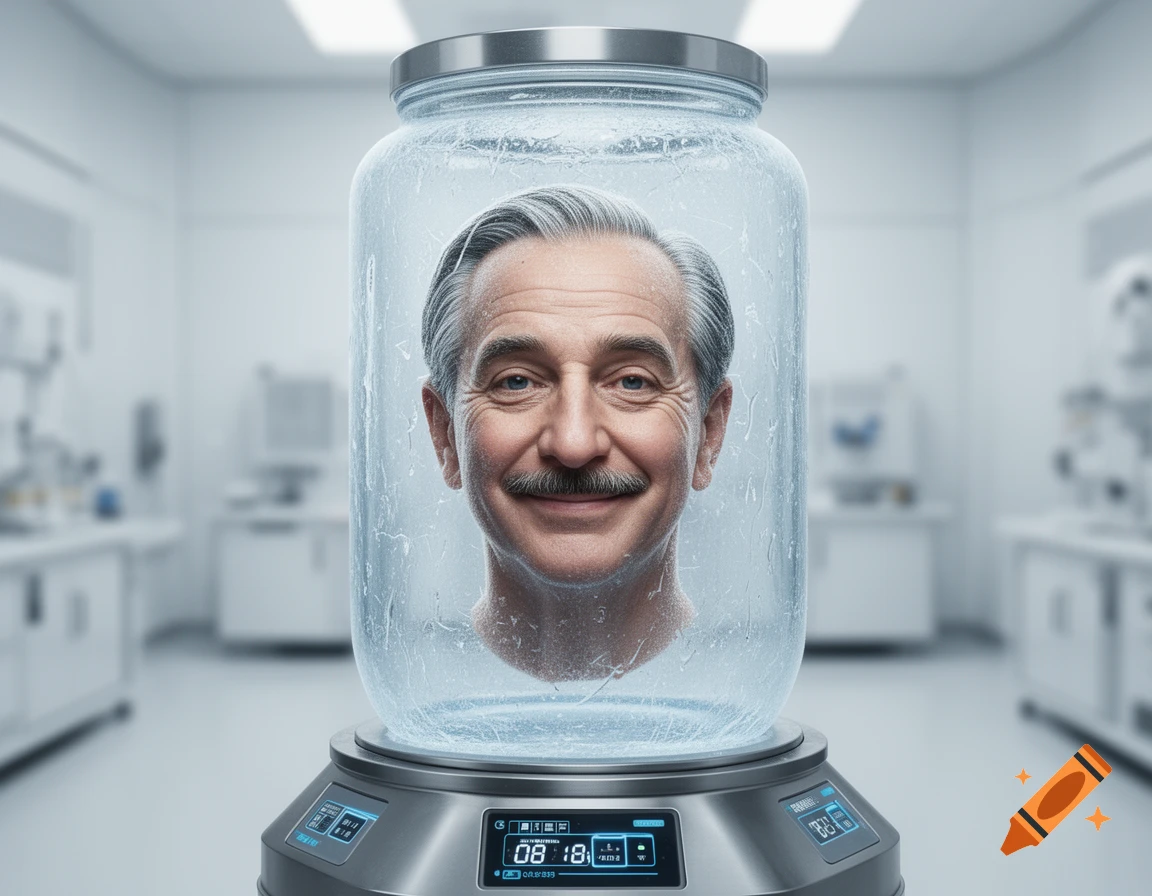 Photorealistic image of a man's head preserved in a frosted cryogenic jar with digital displays, set in a futuristic laboratory.