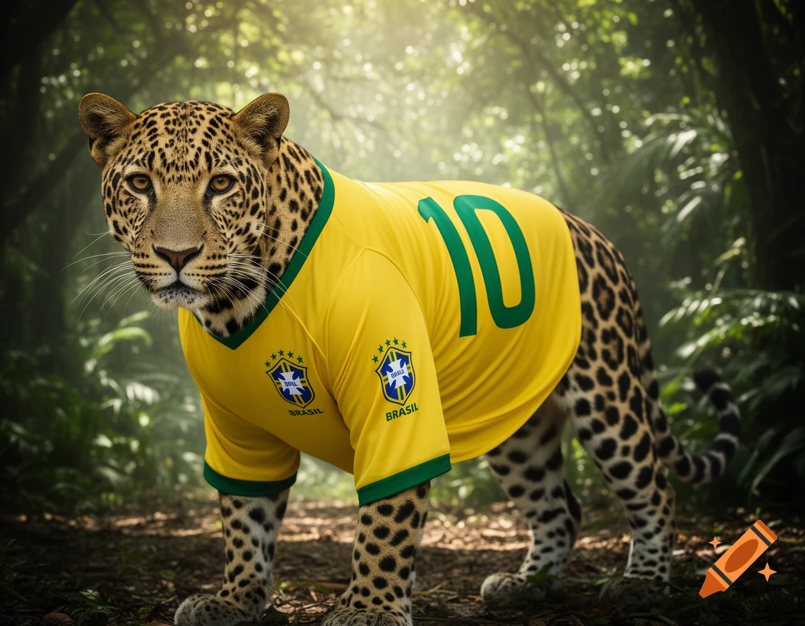 Photorealistic leopard in a yellow Brazil soccer jersey with number 10, standing in a sunlit jungle.
