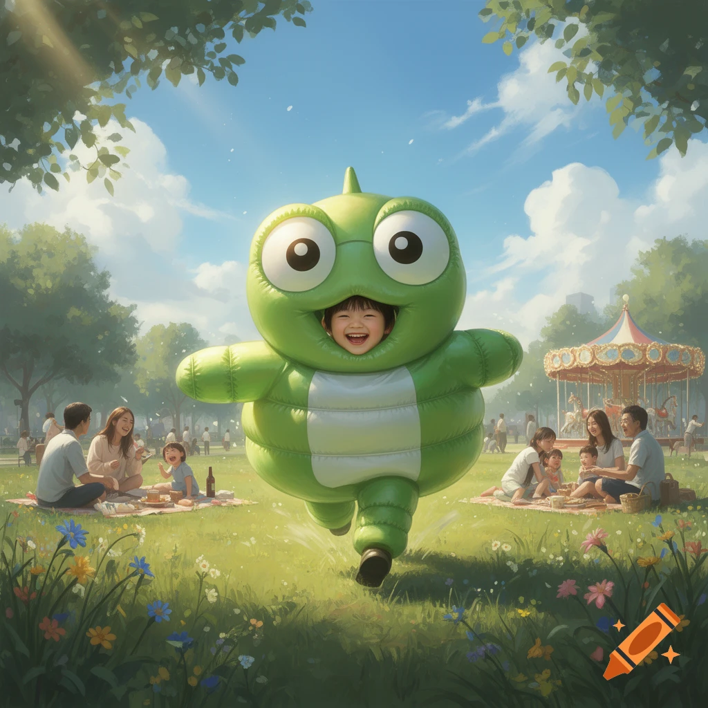A joyful child in a green inflatable frog-like costume runs across a sunny park, with families picnicking and a carousel in the background.