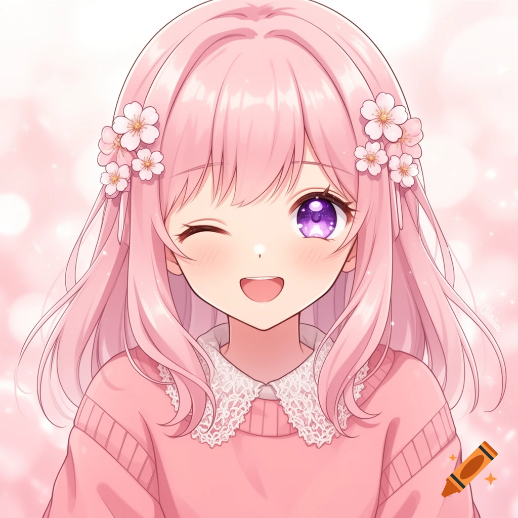 A smiling anime girl with pink hair, one winking eye, purple eyes, and cherry blossoms in her hair, wearing a pink sweater with a lace collar.