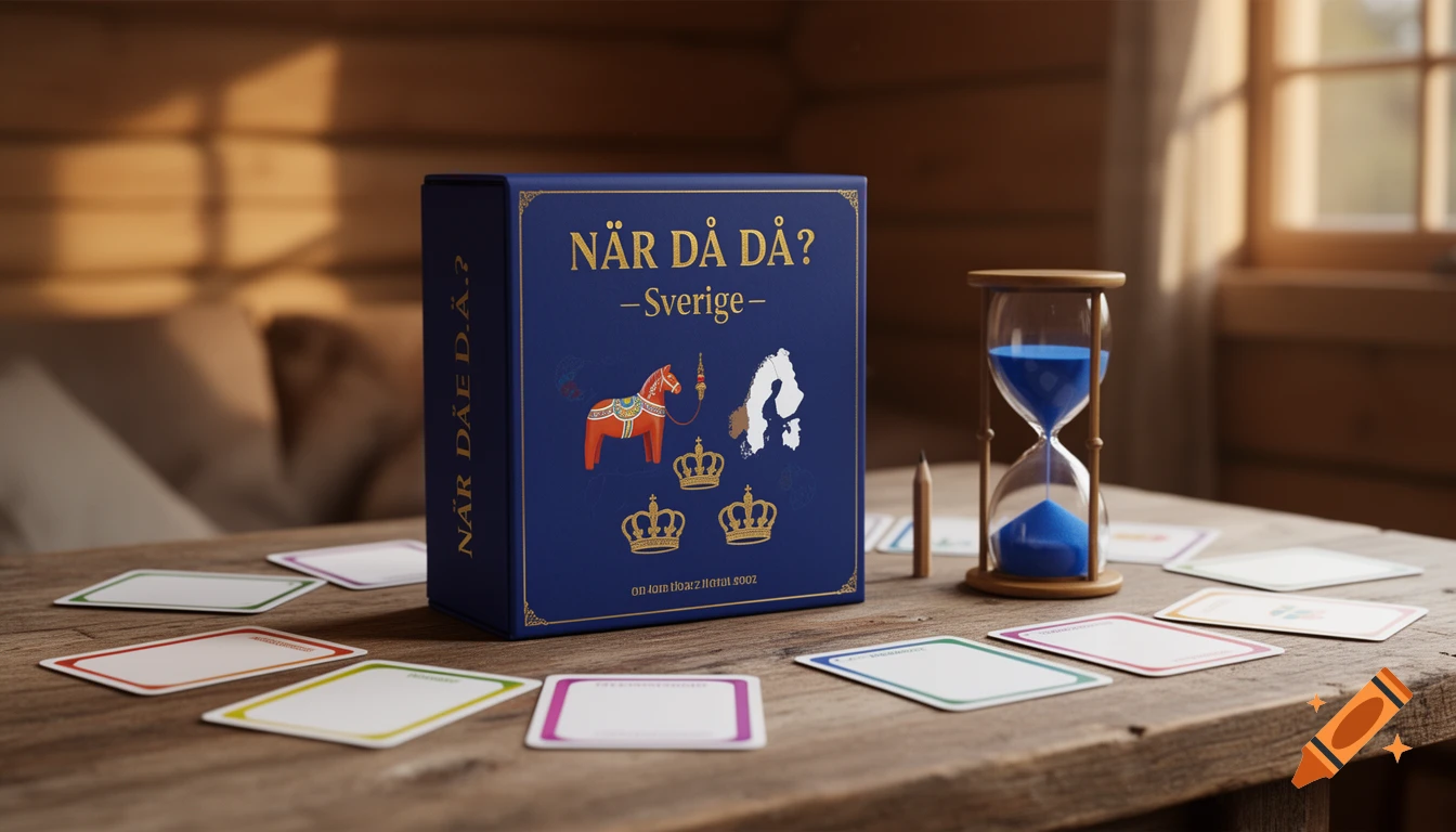 A blue board game box titled "NÄR DÅ DÅ? - Sverige" with Swedish symbols, an hourglass, and cards on a rustic wooden table in a cozy cabin.