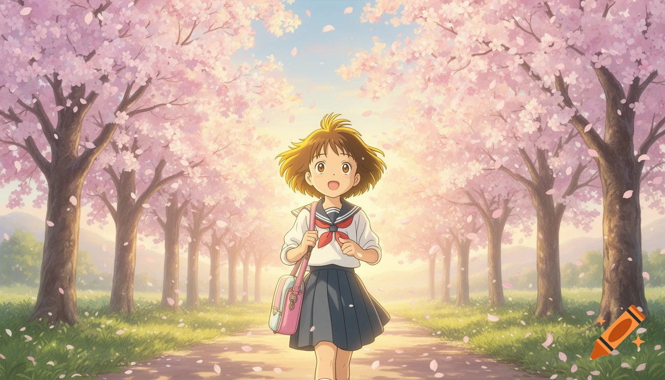 A Ghibli-style anime girl walks down a path lined with pink cherry blossom trees in soft pastel colors.