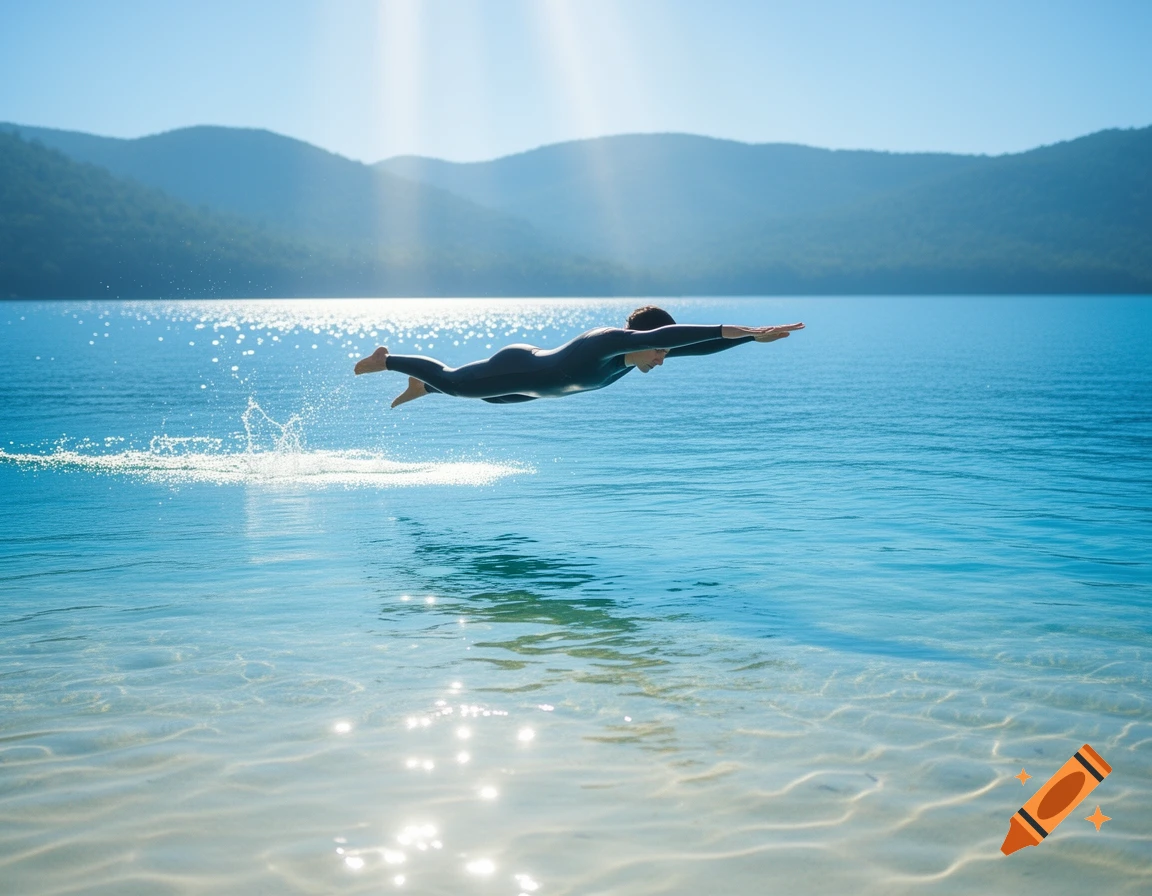 A person in a black wetsuit dives headfirst into a clear blue lake, with mountains in the background under a bright sky.