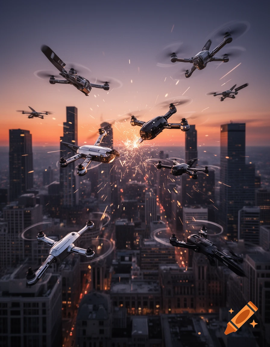 Multiple drones clash mid-air over a city at sunset, generating bright sparks.