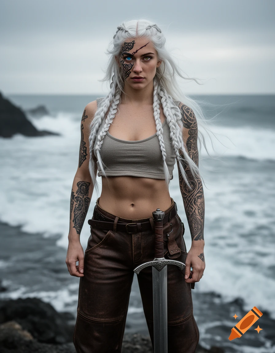 Photorealistic female viking warrior with white braided hair, face tattoos, and a sword, standing on a rocky coast.