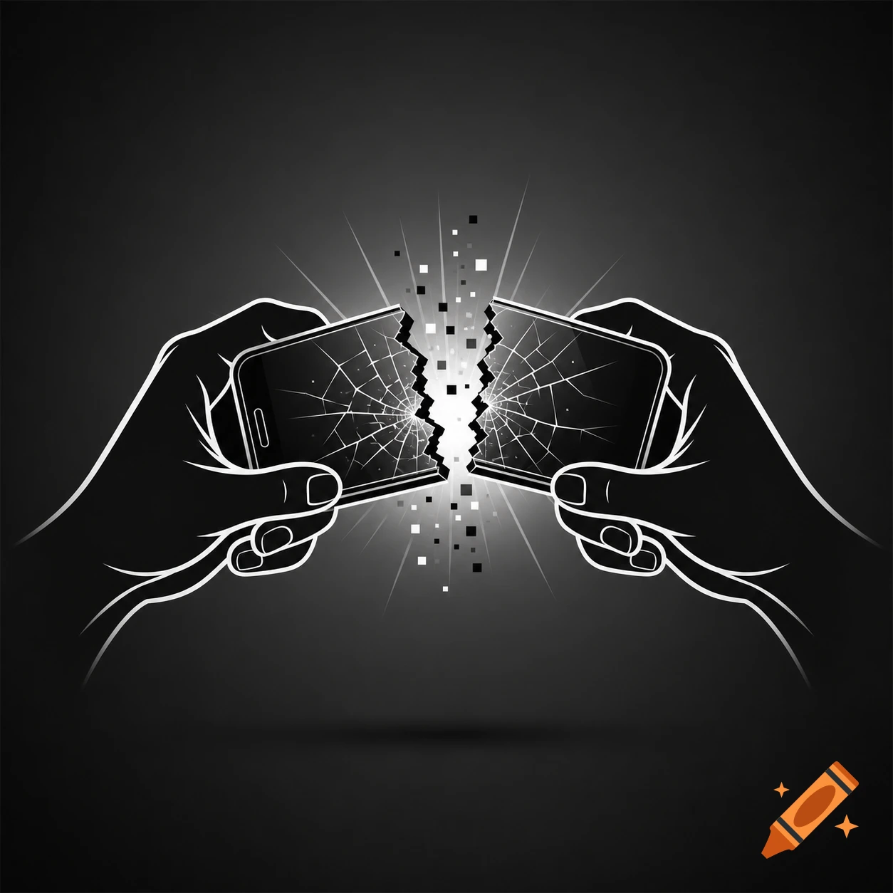 Stylized black and white illustration of two hands breaking a smartphone in half, with shattered screens and an energetic burst.