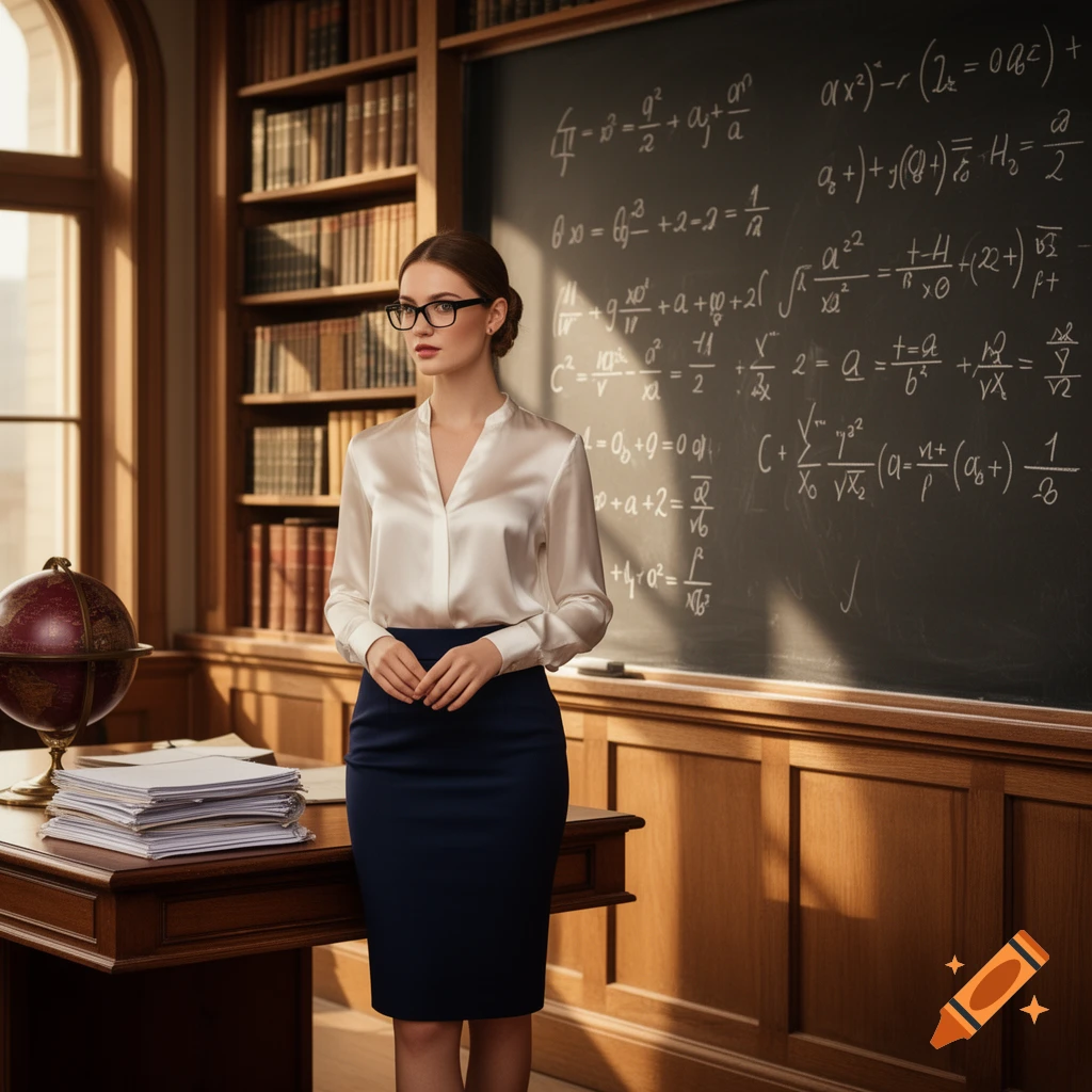 A woman in a white blouse and dark skirt stands in a traditional classroom with a blackboard full of equations and a bookshelf.