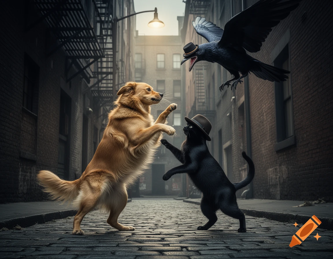 A golden dog and a black cat, standing and wearing fedoras, confront each other on a cobblestone alley, while a crow in a fedora swoops.