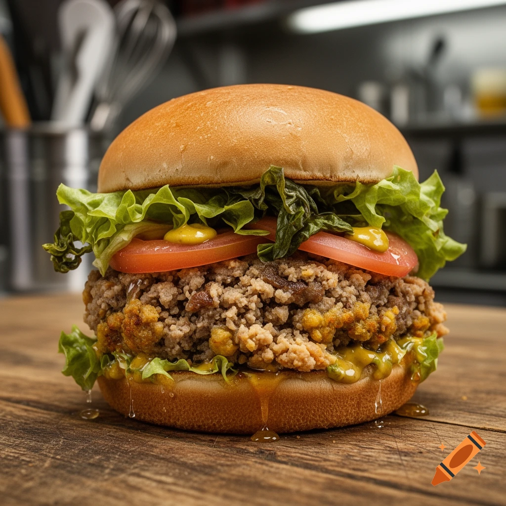 Close-up of a hamburger, featuring a granular patty, fresh lettuce, sliced tomatoes, mustard, and copious sauce dripping onto a rustic wooden table.