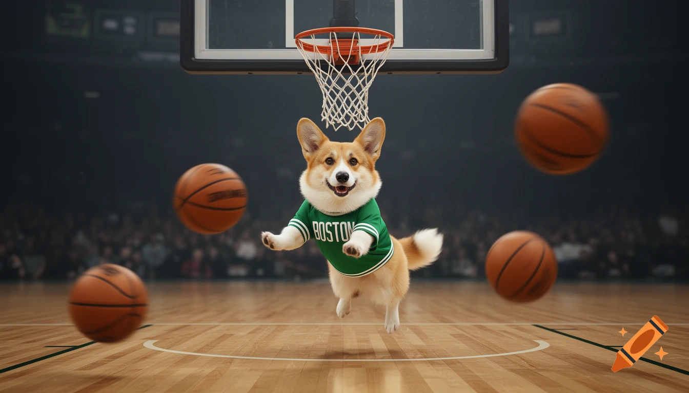 A corgi wearing a green "BOSTON" jersey jumps to dunk a basketball under a hoop, with other basketballs floating around on a court.