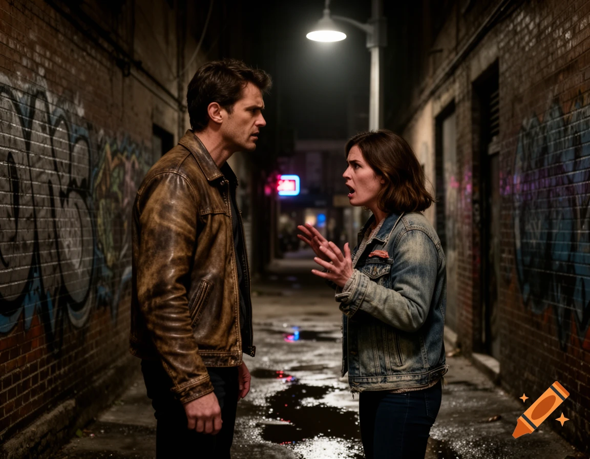 A man and a woman argue in a dark, graffiti-covered urban alley at night, illuminated by a street lamp.