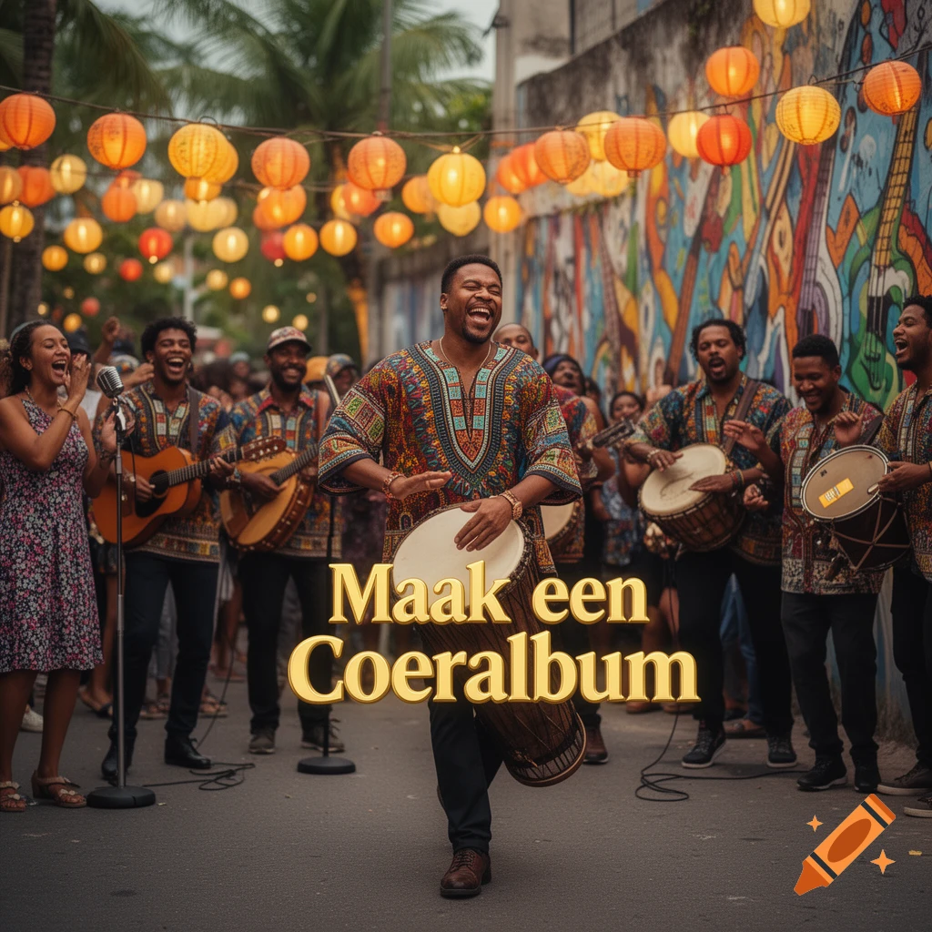 Lively street festival scene with diverse musicians playing drums and guitars under lanterns. Text 'Maak een Coeralbum'.