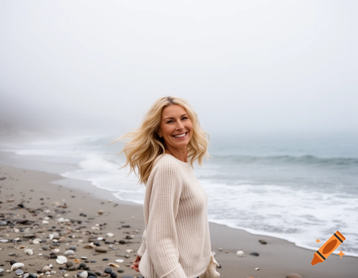 Smiling blonde woman in a sweater walking on a rocky, foggy beach.