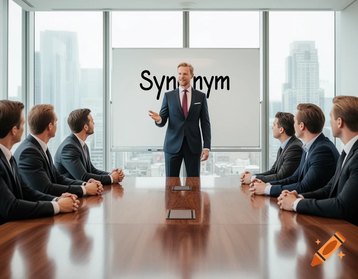 A man presents the word "Synonym" on a whiteboard to a team of men in a modern office meeting room.