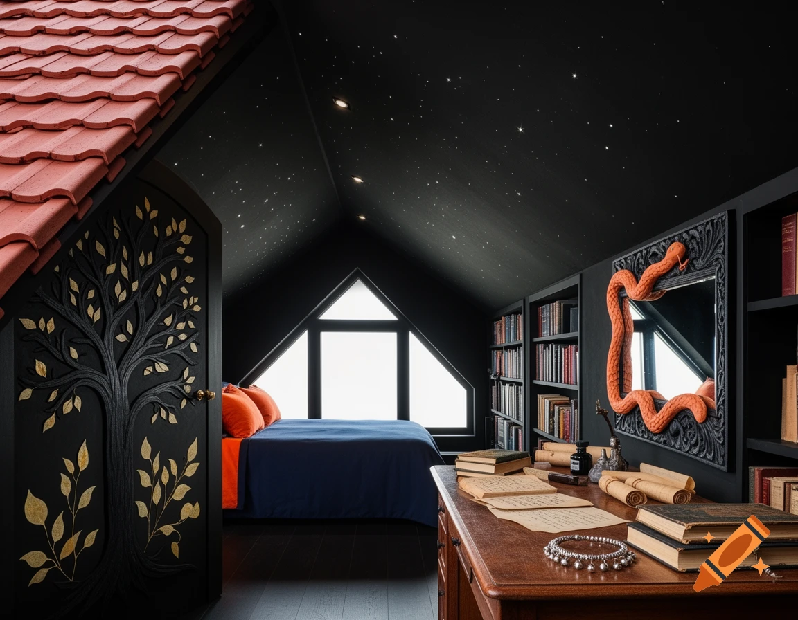 A magical dark attic bedroom with a starry ceiling. A bed sits by a triangular window, and a desk with books faces a mirror with an orange clay snake. A tree-carved door has golden leaves.