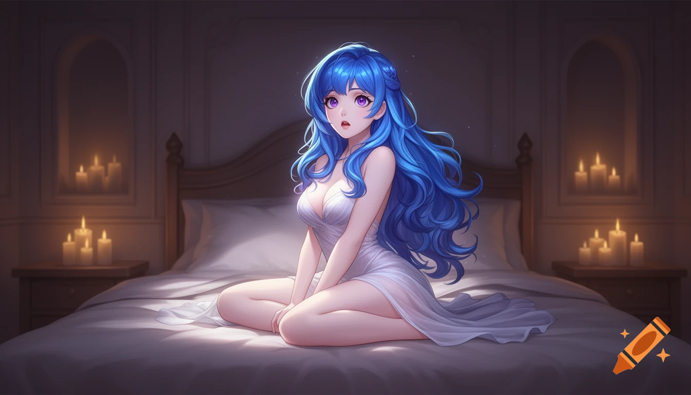 Anime girl with vibrant blue hair and purple eyes, wearing a white gown, sits on a bed in a candlelit, serene bedroom.