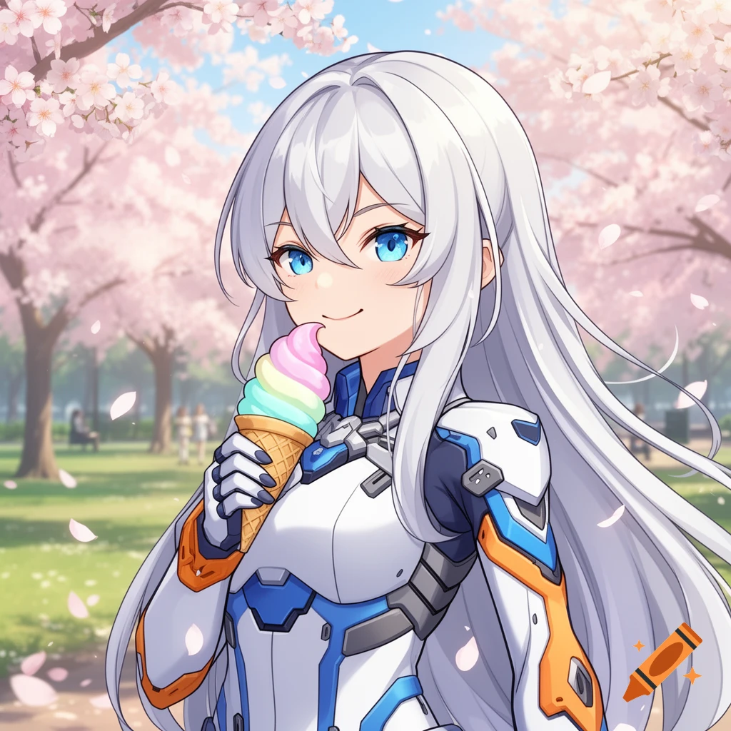 Anime girl with white hair and blue eyes, wearing a white and blue suit, eating rainbow ice cream in a park with cherry blossoms.