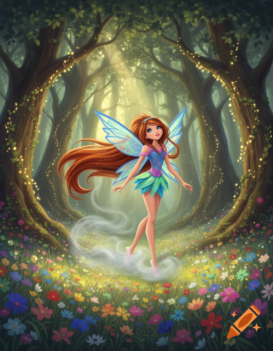 A vibrant digital illustration of a red-haired fairy with blue wings floating in an enchanted forest amidst sparkling lights and flowers.