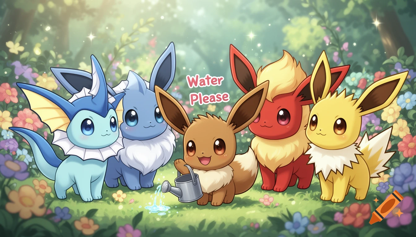 Chibi Eevee and its evolutions, including Vaporeon, Flareon, and Jolteon, in a whimsical flower-filled forest. Eevee waters plants from a small can, with "Water Please" text above. Anime style.