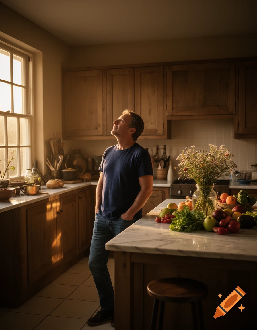 A man in a blue t-shirt and jeans stands in a sunlit kitchen, looking up. Fruits and flowers are on the counter.