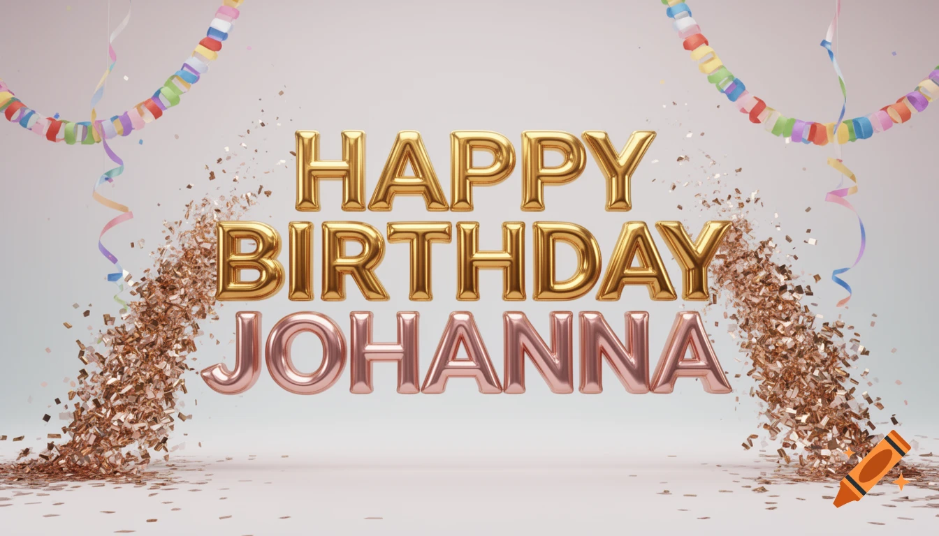 3D gold and rose gold metallic letters spell 'HAPPY BIRTHDAY JOHANNA', surrounded by sparkling confetti and colorful garlands on a light background.