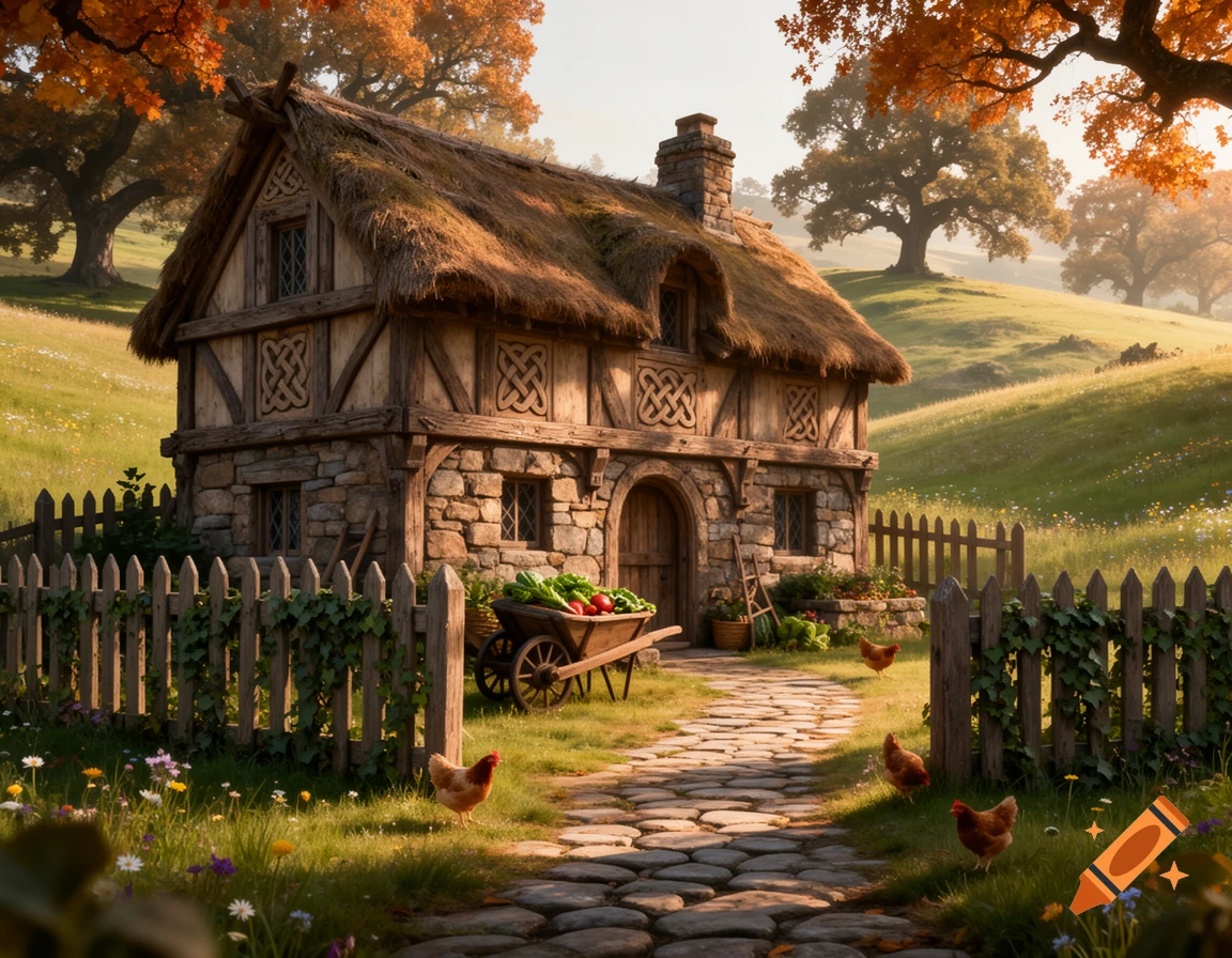 A charming, detailed medieval fantasy farmer's house with a thatched roof and stone walls, set on a green hill with autumn trees, a stone path, wooden fence, and chickens.