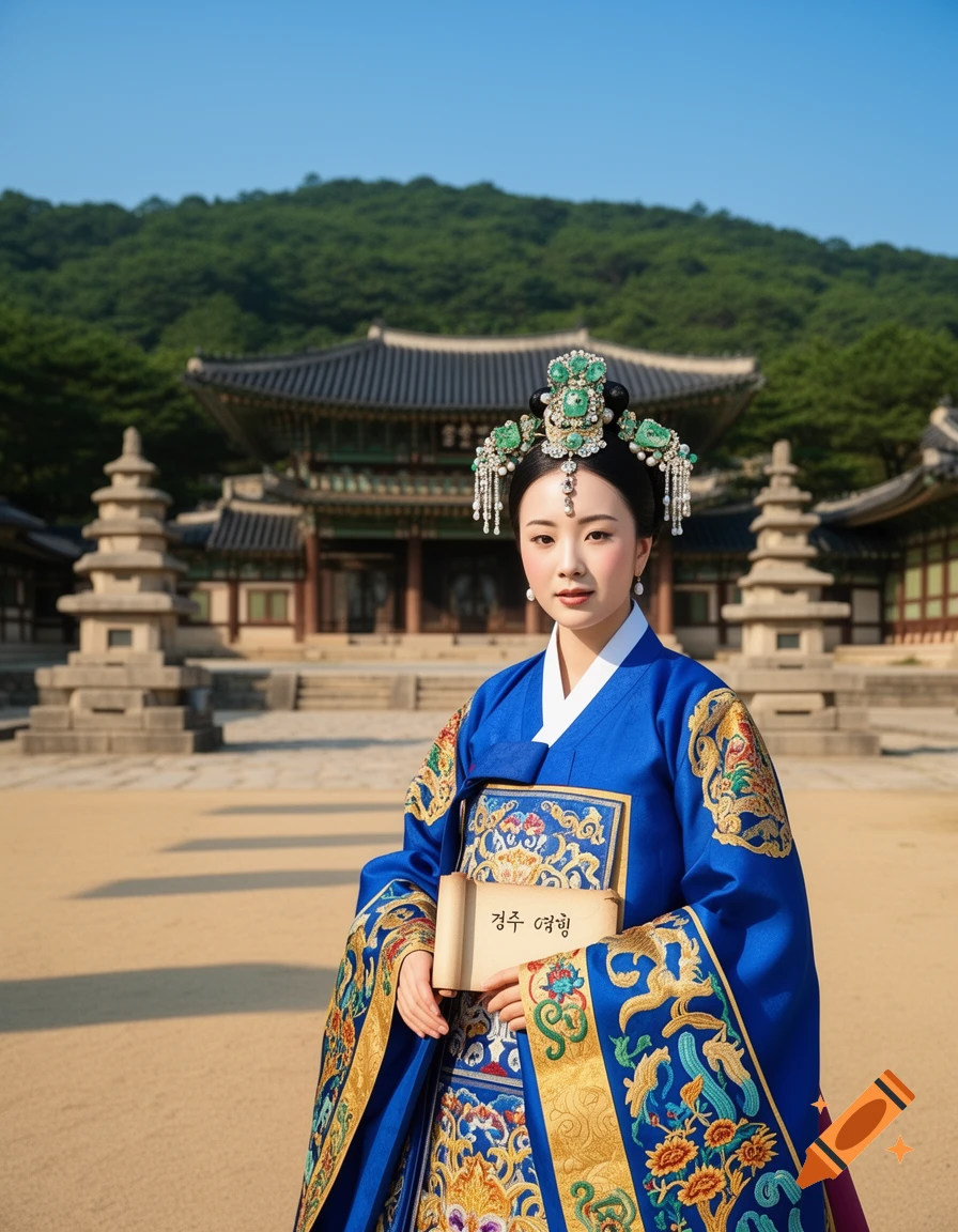 A woman in a blue and gold traditional Korean hanbok and an elaborate green headpiece holds a scroll in front of a traditional palace.