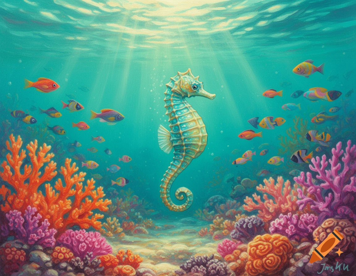 A colorful painted underwater scene with a seahorse, various fish, and vibrant coral reefs, with sunlight filtering through the water.