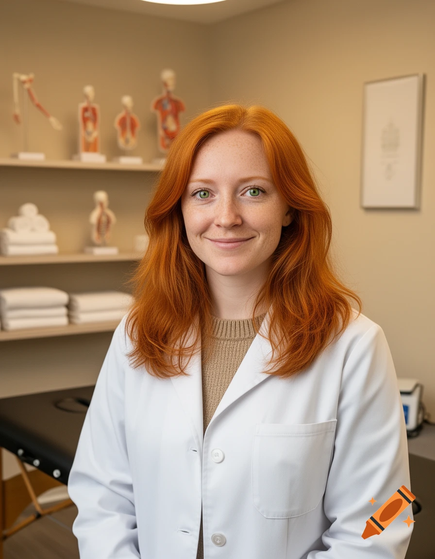 A smiling woman with red hair and freckles, wearing a white lab coat, stands in a medical office with anatomical models on shelves in the background.