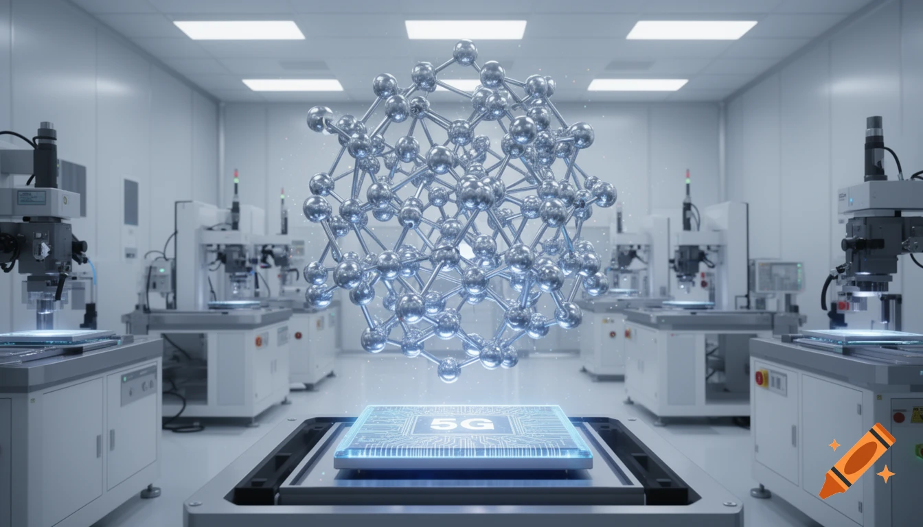 A glowing molecular crystal structure hovers above a microchip labeled '5G' in a futuristic cleanroom with manufacturing equipment.