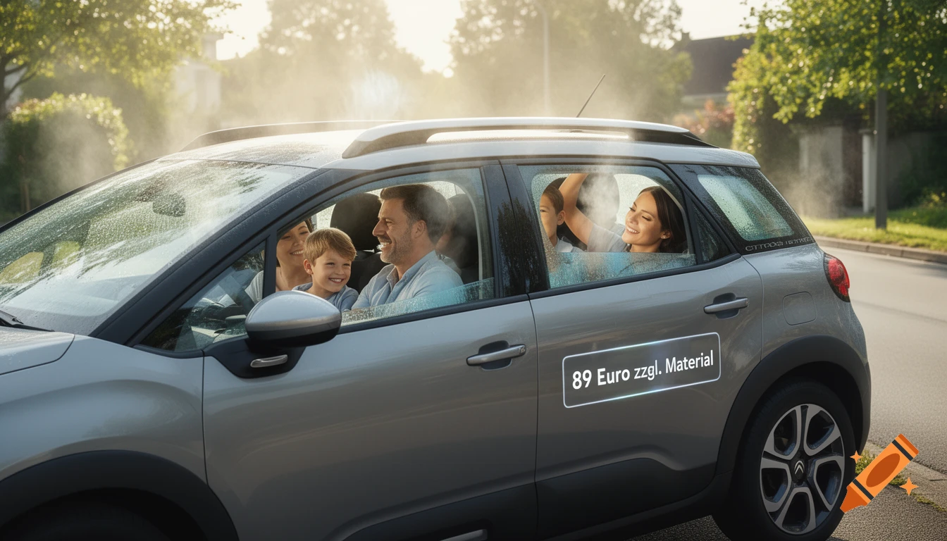 A smiling family of four inside a grey Citroen car, with mist rising, implying air conditioning on a warm day. The text "89 Euro zzgl. Material" is visible on the car door.