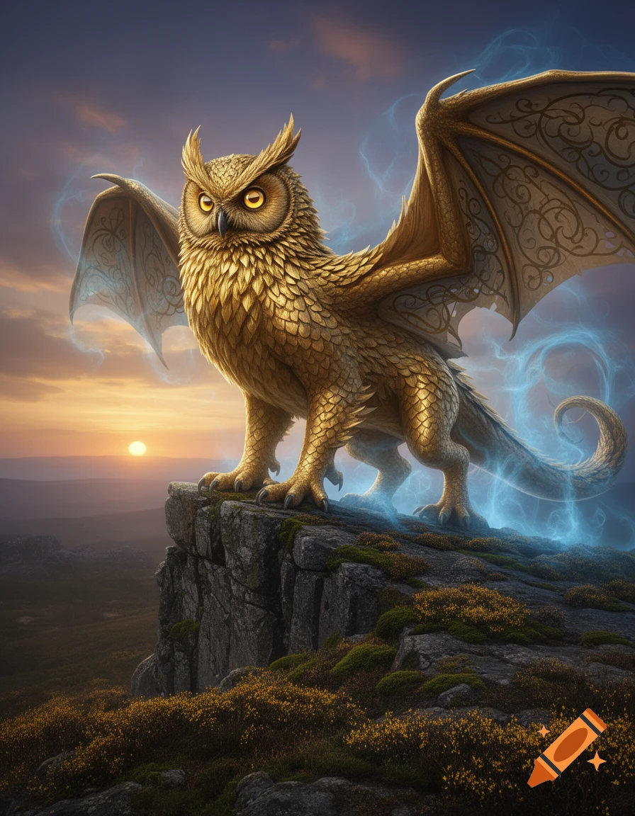 A majestic golden owl-dragon hybrid stands on a rocky cliff at sunset, surrounded by blue magical energy.