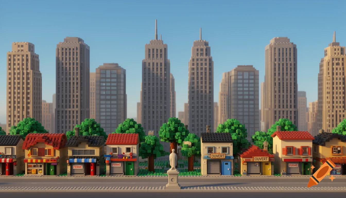 Colorful Lego city street scene with shops marked "OUVERT" and "FERME," trees, a statue base, and tall buildings under a blue sky.