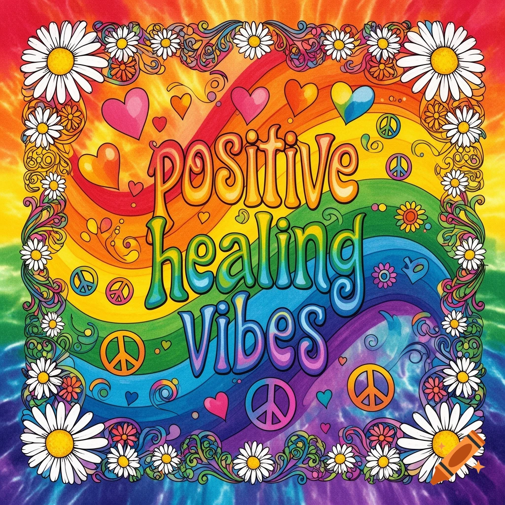 Colorful, groovy hippie poster with 'positive healing vibes' text, surrounded by daisies, hearts, and peace signs on a tie-dye rainbow background.