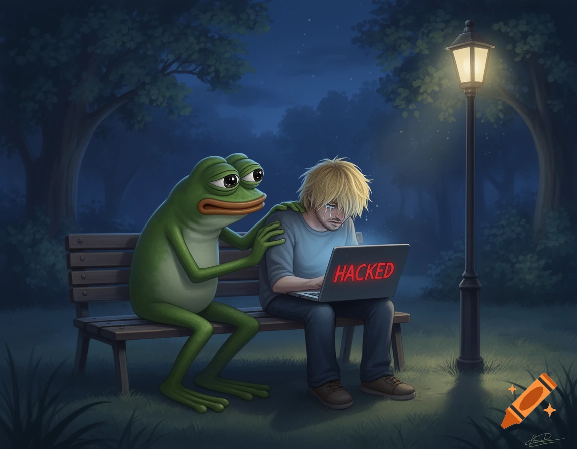 Pepe the frog comforts a crying blonde man on a park bench at night, his laptop screen displays 'HACKED'.