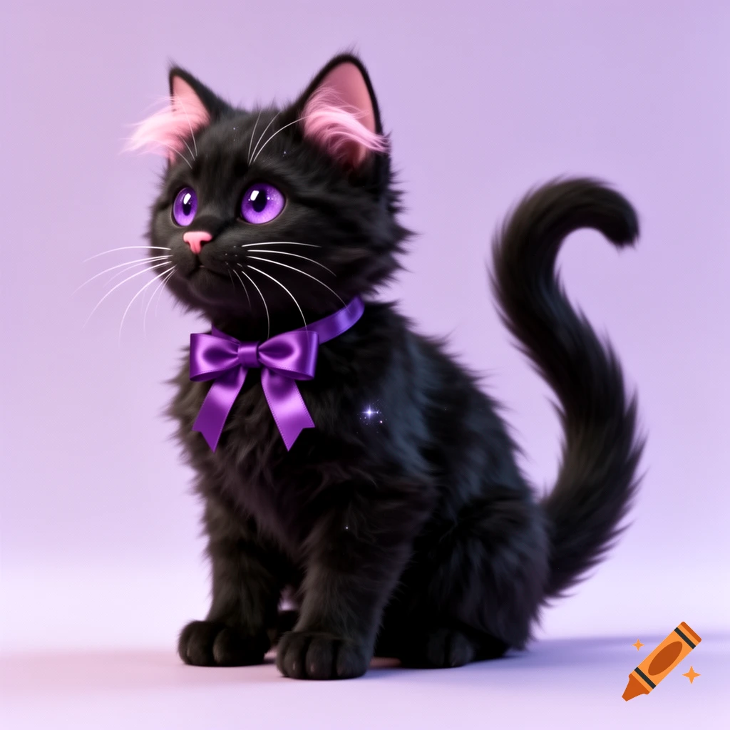 A fluffy black kitten with sparkling purple eyes and a purple bow collar sits on a light purple background in a 3D CG animation style.