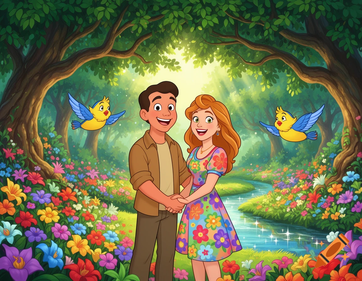 Cartoon couple holding hands and smiling in a lush, colorful garden with trees, a sparkling stream, and two flying blue birds.