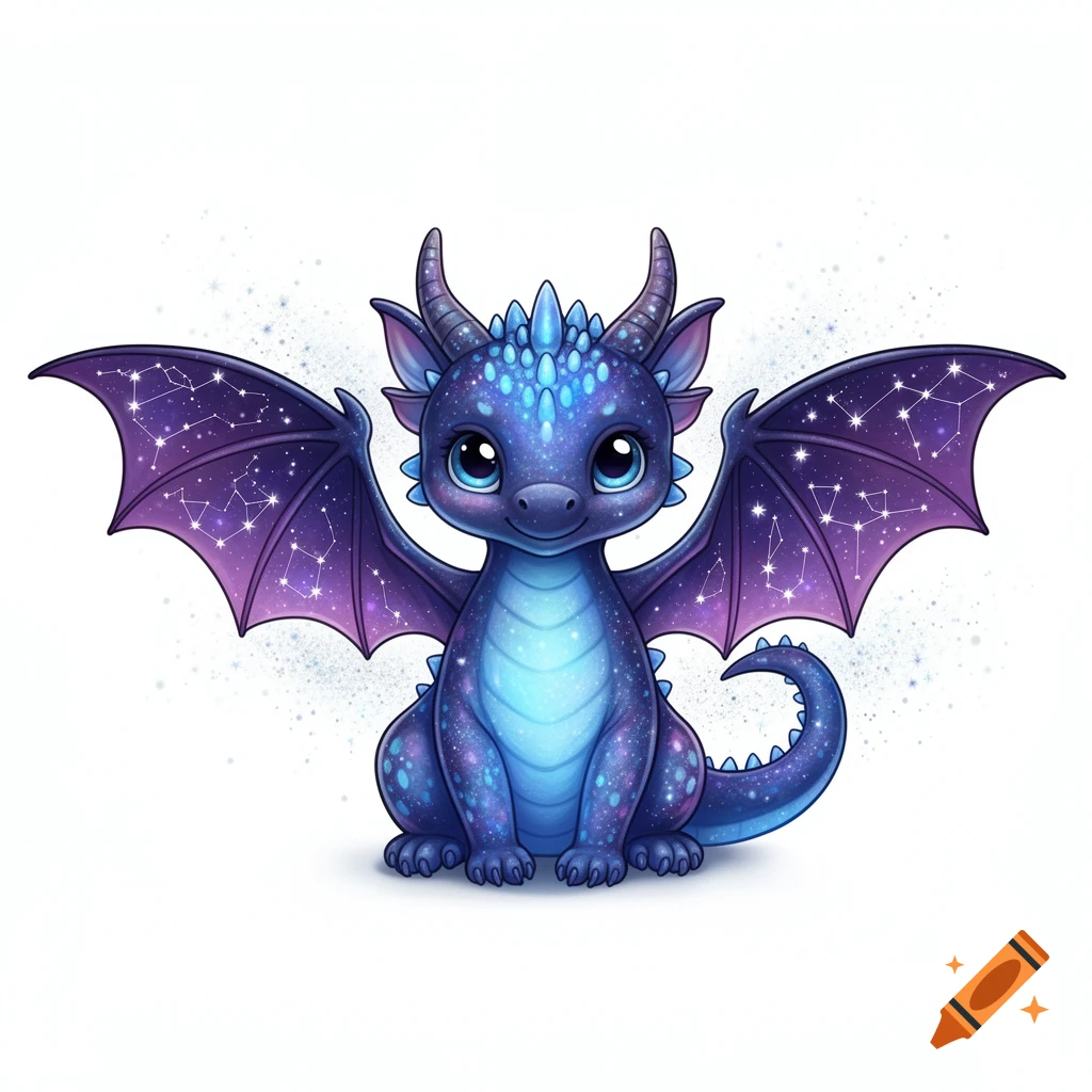 A cute, stylized galaxy dragon with bioluminescent blue scales and starry purple wings sits on a solid white background.