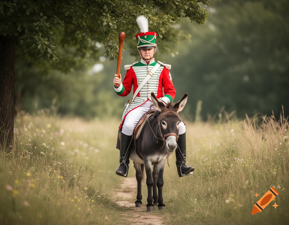 A person in a red, white, and green hussar uniform and feathered hat rides a donkey on a grassy path, holding a wooden club.