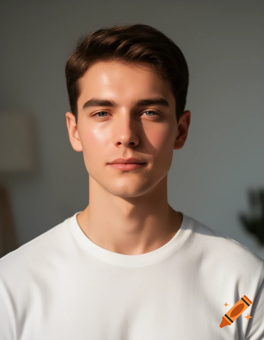 A photorealistic portrait of a young man with dark hair and blue eyes, wearing a white t-shirt, lit by sunlight.