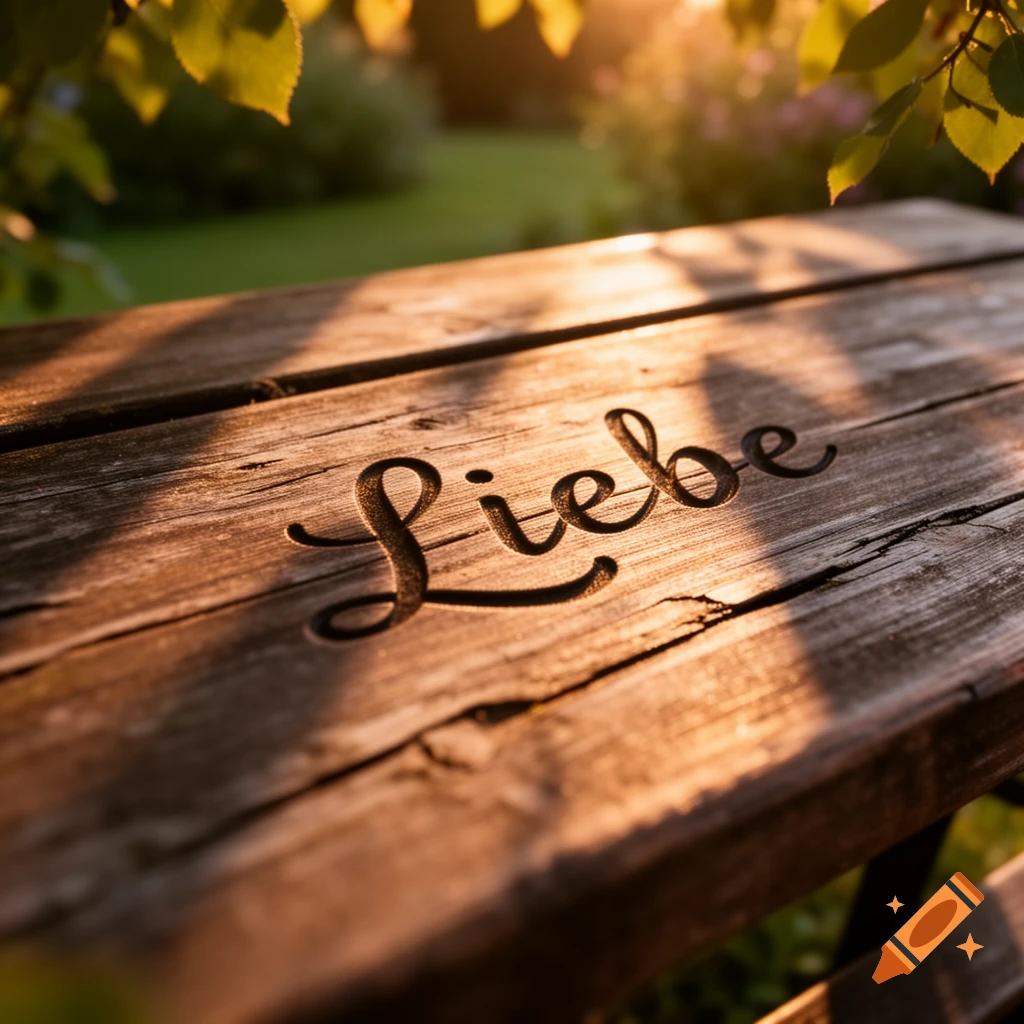 Close-up of the word 'Liebe' (Love) carved into a weathered wooden table, bathed in warm golden sunlight with blurred green leaves in the background.